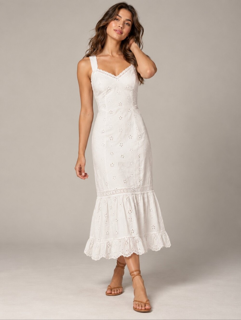 PAIGE Pallas White Eyelet Cotton Midi Dress Lace Ruffle Cottagecore Size 8